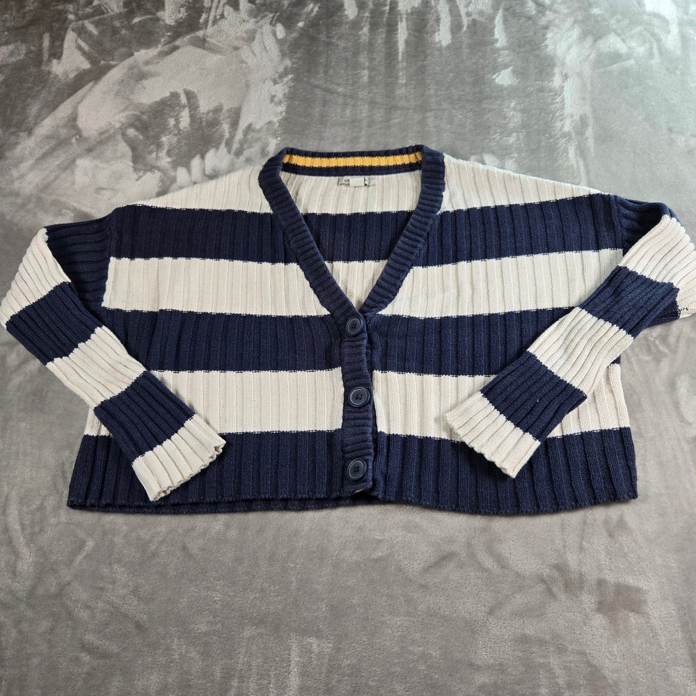 American Eagle Outfitters Striped Crop Cardigan Sweater Womens Medium Navy Cream